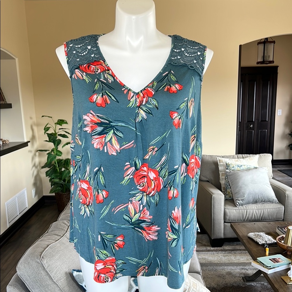 Daniel Rainn Sleeveless V-Neck Floral Top in Teal with Lace Trim